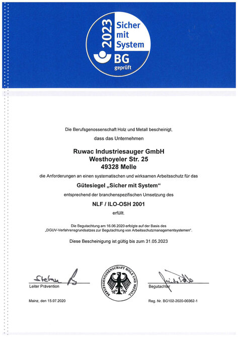 Certificaat Berufsgenossenschaft Holz und Metall certificeert dat de vereisten voor een systematische en doeltreffende arbeidsveiligheid